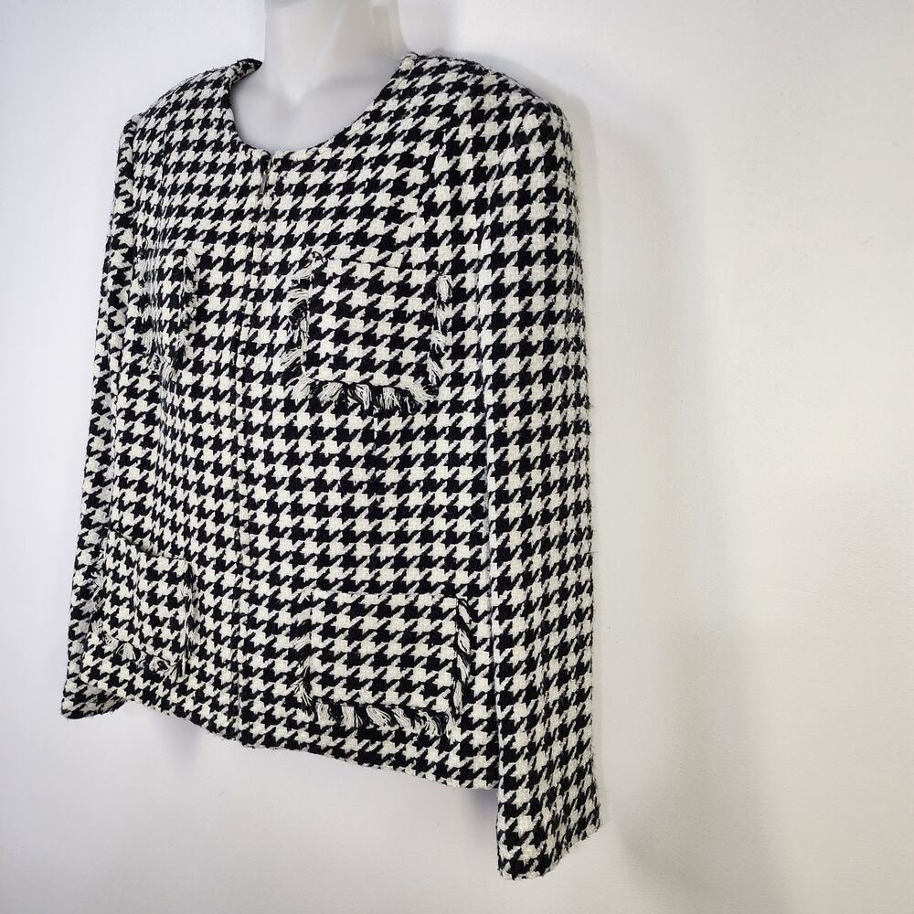 Andrea Viccaro Jacket Womens Size 14 Houndstooth Moto Zip Black White Fringe - Picture 5 of 11